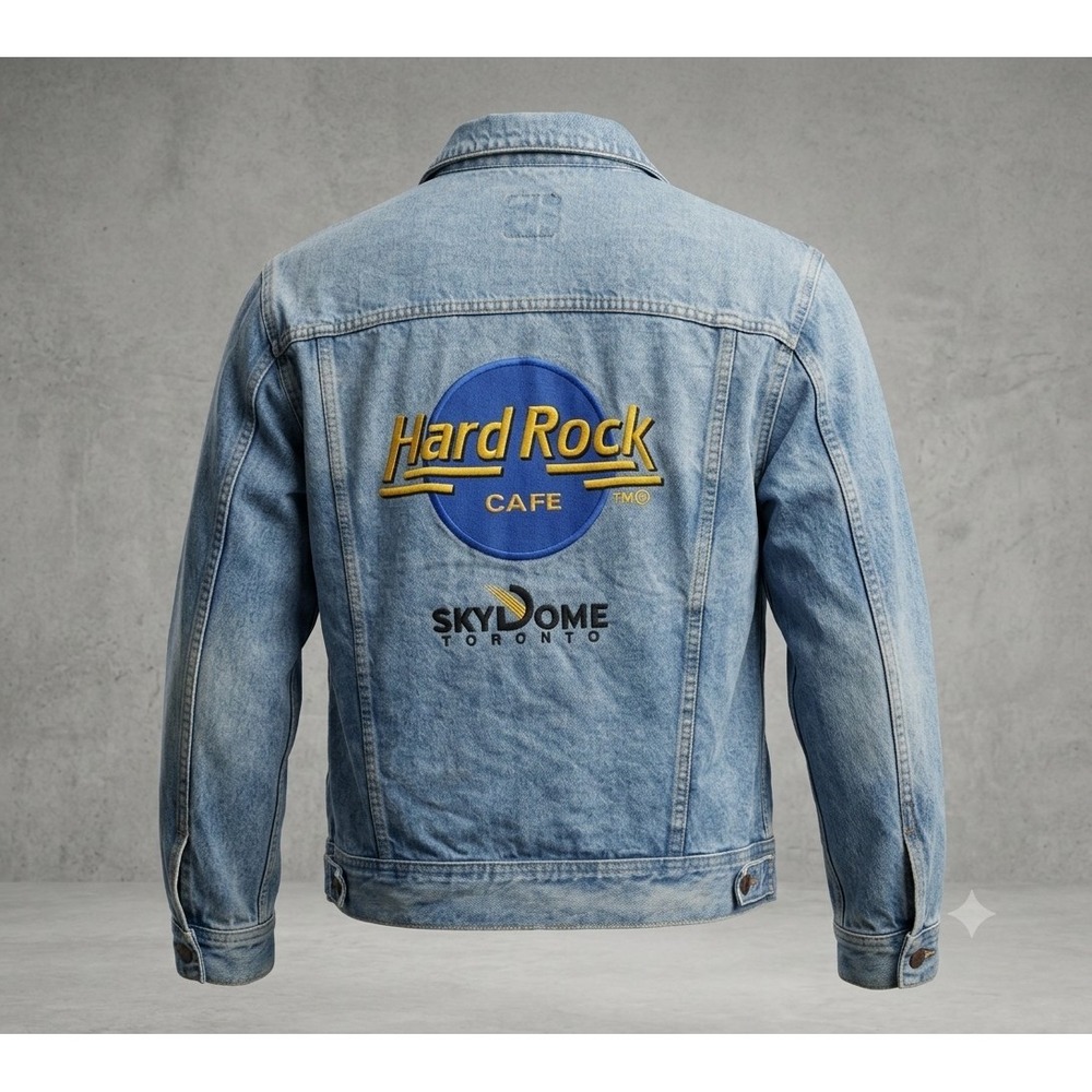 Hard Rock Cafe Vintage Embroidered Sky Dome Toronto Mens Blue Denim Jacket. Sz L